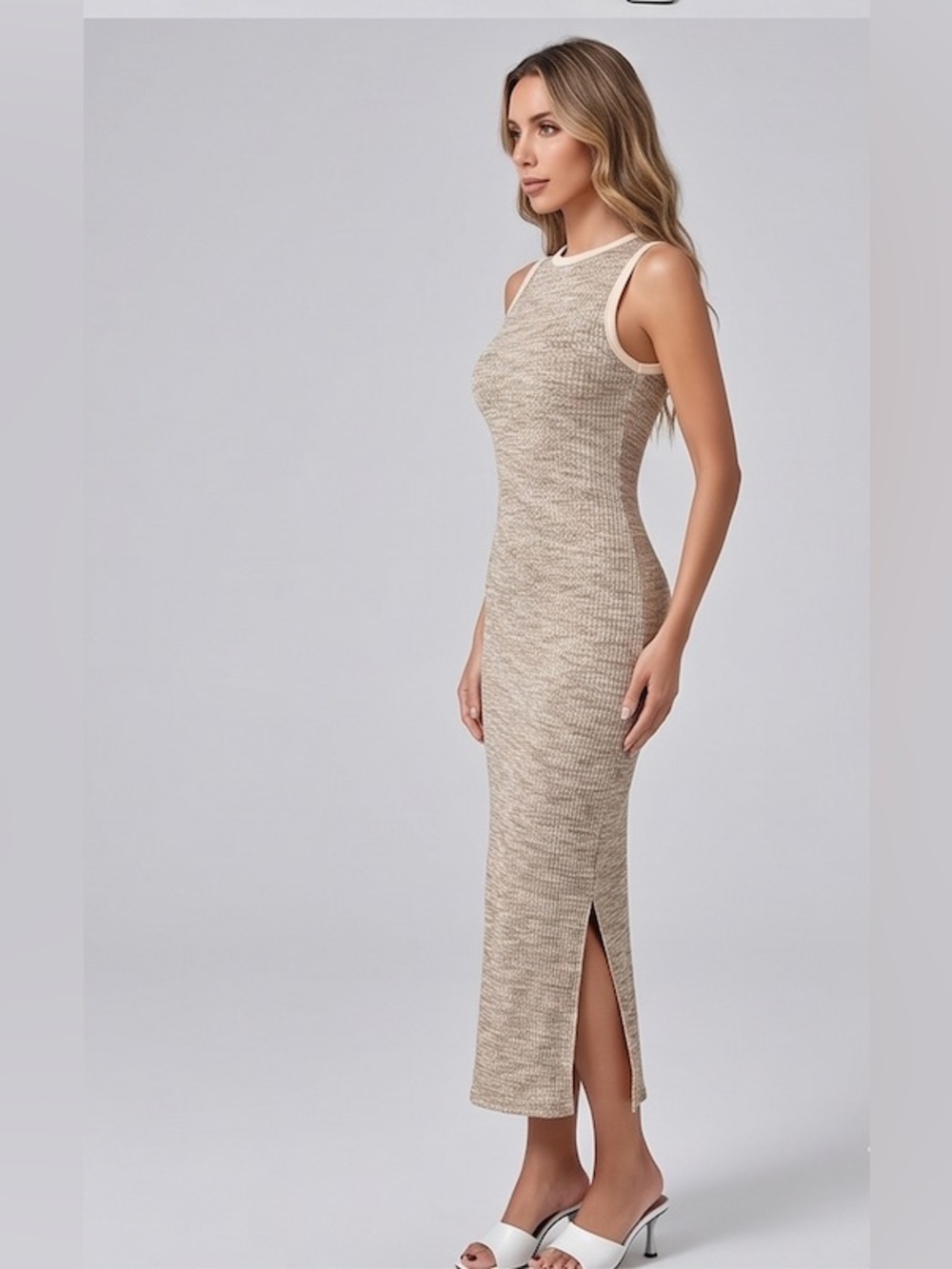 Ribbed Space-Dye Bodycon Dress with Contrast Trim Brown - Picture 3 of 8